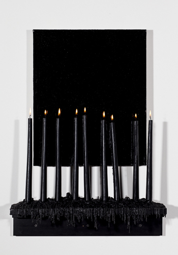 Vincent Como, Paradise Lost 004, 2011-present Oil on linen, with wood, wax, and fire 26.25 x 20 x 5.5 inches Photo: Minus Space