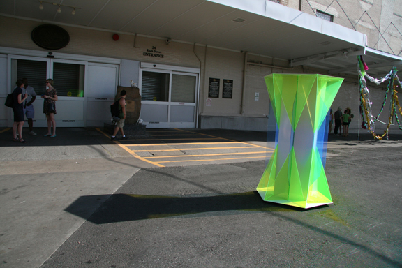 Carol Salmanson, Lot's Ex-Wife (Pass the Salt) 2013. Fluorescent-edged, plexiglass, prismatic reflective sheeting, zsteel 48" W x 72"H x 48"D