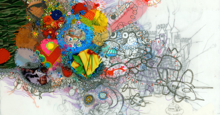 "Luxury Bomb", 2007, 11 x 14 Inches, Gouache, Thread, Micron Pen, Pencil, Found Objects, Paper, Vellum.