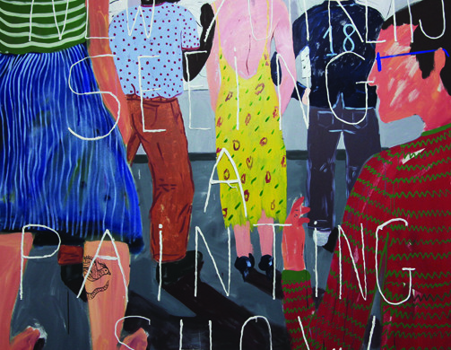 Cristina de Miguel, New Yorkers Seeing a Painting Show. 2013. Acrylic on canvas, 96 x 84 in.