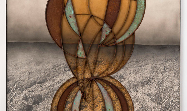 Michael Brown, Prototype V, 2013. Graphite, ink, steel, and copper on paper.47 x 1.5 x 59.5 in. Image courtesy of Mike Weiss Gallery.