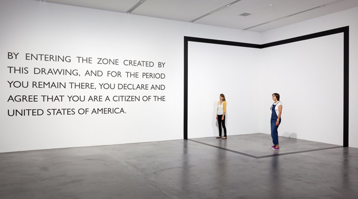 Carey Young, Declared Void II, 2013. Vinyl drawing, text. Exhibition view, Migros Museum für Gegenwartskunst. Photo: Lorenzo Pusterla. Courtesy of the artist and Paula Cooper Gallery, New York.