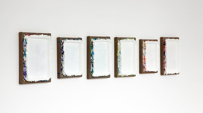 Andrew Dadson, White-Re-stretch (6 parts), 2013. Oil on linen, dimensions variable. Image courtesy of Galleria Franco Noero.