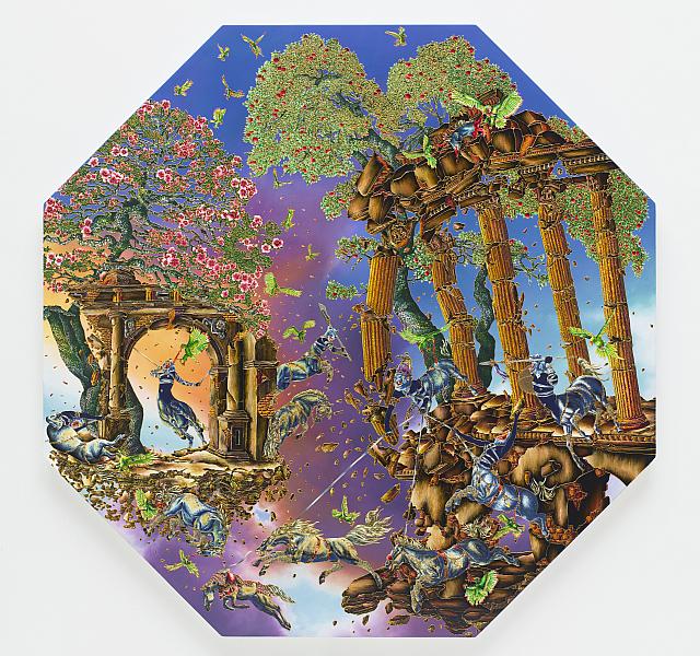 Raqib Shaw, The Disambiguation of the Myth of the Last Shinobi, 2011-2013. Oil, acrylic, enamel, glitter and rhinestones on Birch wood. 55-3/8 x 55-3/8 in.