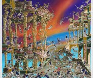 Raqib Shaw, Arrival of the Ram King - PARADISE LOST II, 2011-2013. Oil, acrylic, enamel, glitter and rhinestones on Birch wood 9 x 9 in. Two panels, overall installed.