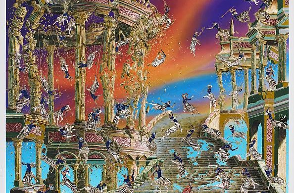 Raqib Shaw, Arrival of the Ram King - PARADISE LOST II, 2011-2013. Oil, acrylic, enamel, glitter and rhinestones on Birch wood 9 x 9 in. Two panels, overall installed.