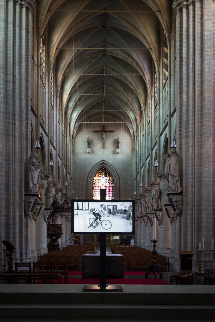Josef Dabernig Excursus On Fitness, installation view 2010. Video, black & white. Contour 2013. The 6th Biennial of Moving Image. Photo Credit: Kristof Vrancken.