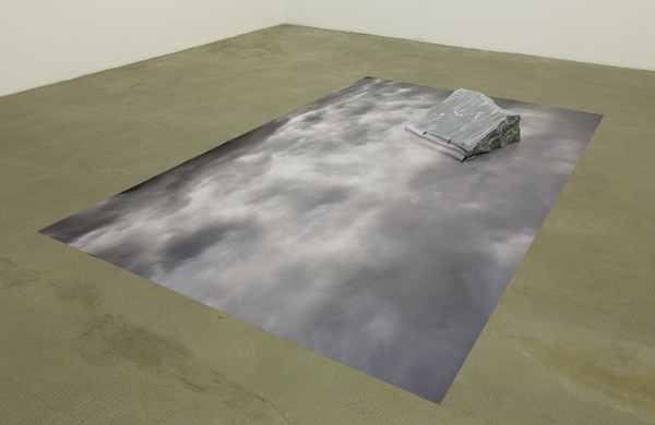 Gianni Caravaggio, Sotto la superficie, la verità della concretezza (Alpi) 2013.Print on blueback paper,Bardiglio Nuvolato marble. 21 x 265 x 160 cm.