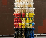 Dieter Roth, Zuckerturm (Sugar Tower) 1994/2013. Sugar casts, glass, wood. 175 1/4 x 37 3/4 x 37 3/4 in. Installation view Hauser & Wirth New York, 2013 Photo: Bjarni Grímsson. Courtesy of Dieter Roth Estate / Hauser & Wirth