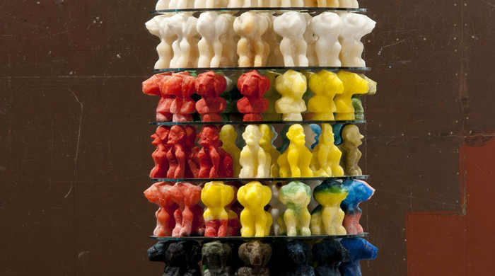 Dieter Roth, Zuckerturm (Sugar Tower) 1994/2013. Sugar casts, glass, wood. 175 1/4 x 37 3/4 x 37 3/4 in. Installation view Hauser & Wirth New York, 2013 Photo: Bjarni Grímsson. Courtesy of Dieter Roth Estate / Hauser & Wirth