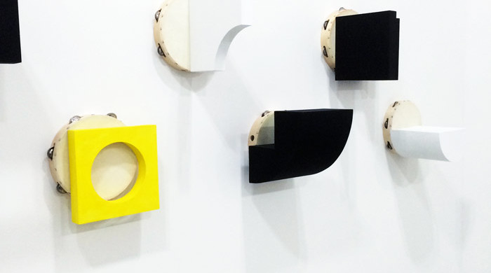 Paul Lee, installation view of assorted works on tambourines. Courtesy of Maccarone Modern Art.