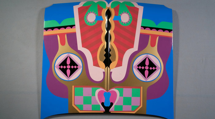 Judy Chicago, Birth Hood, 1965/2011. Sprayed automotive laquer on car hood. 42 x 42 x 4 in.