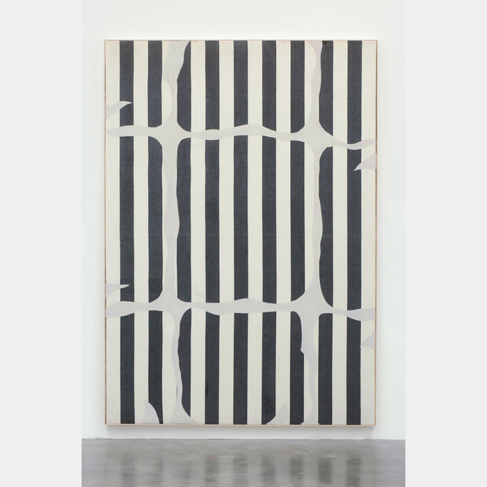 Daniel Buren, Photo Souvenir: Peinture aux formes variables, 1966. Paint on white and gray striped cotton canvas, 93.7 x 65.75 in.