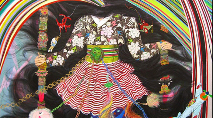 Hyongyon Park, Ningensama, 2009. Acrylic and Japanese paper on canvas, 76.3 x 63.7 in. Collection of Shin Gallery.