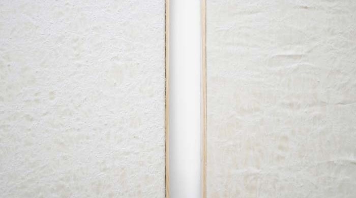 Jessica Sanders, Crumple A58 & Crumple A59 (details), 2014, Beeswax on stretched linen with artist frame