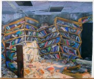 Matt Bollinger, Reading Room, 2014, Flashe, acrylic, and collage on unstretched canvas, 115.5 x 135 in