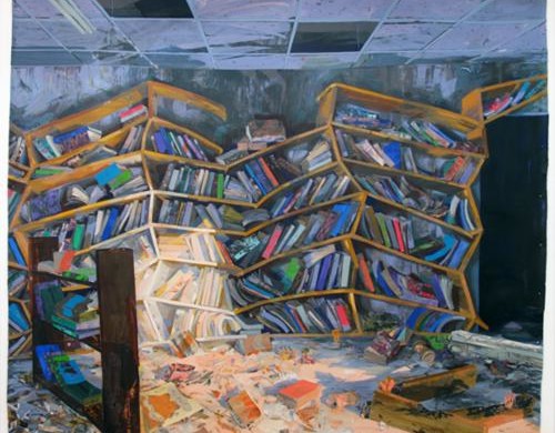 Matt Bollinger, Reading Room, 2014, Flashe, acrylic, and collage on unstretched canvas, 115.5 x 135 in