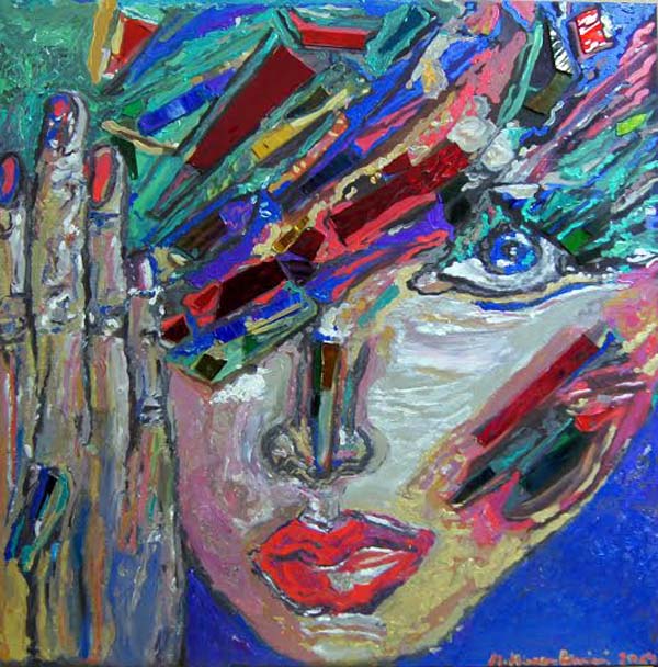 Artist: Manuella Muerner Marioni Title: Spectrum Art Face Dark Medium: Acrylic with Spectrum glass Fragments on Canvas Size: 35.45 x 35.45 x 2 inches (Height x Width x Depth) Year: 2014 This Painting disappeared at the Art Hamptons 2014, at Booth 414 !!!!!