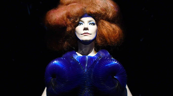 Björk offers an experience of music in many layers, with instruments, a theatrical presentation, an immersive sound experience, an audio guide, and related visualizations from photography and music videos to new media works. The exhibition draws from more than 20 years of the artist's career. Photo: Timothy A. Clary/Getty Images