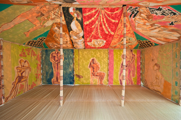 Francesco Clemente, Standing With Truth Tent, 2013 (interior view). Tempera on cotton and mixed media,118 1/8 x 236 1/4 x 157 1/4 inches (300 x 600 x 400 cm). Courtesy of the artist and Blain/Southern Gallery, Berlin