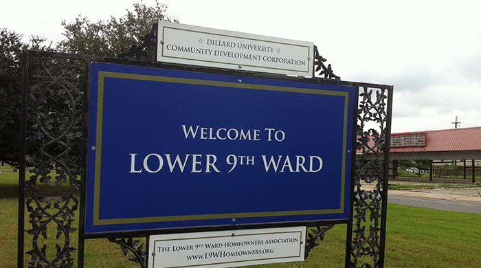 A sign welcoming visitors to the Lower Ninth Ward, the New Orleans community devastated by floodwaters from Hurricane Katrina when the federally builty levees failed in August 2005.