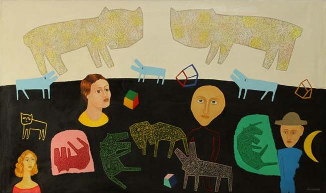 Zibi Krygier, Zabawa z dwoma Psami, oil on canvas, 86 x 146 cm / 34" x 57,5" 2009
