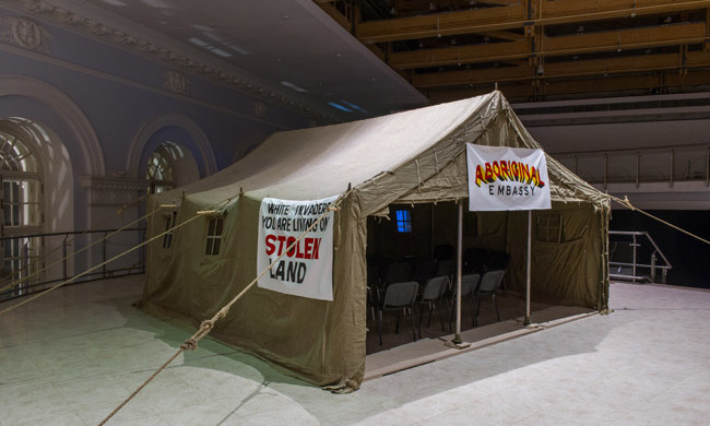 Richard Bell, Embassy, 2013, installation view, The 5th Moscow Biennale, Moscow, 2013, image courtesy the artist, Milani Gallery and Moscow Biennale Art Foundation © the artist