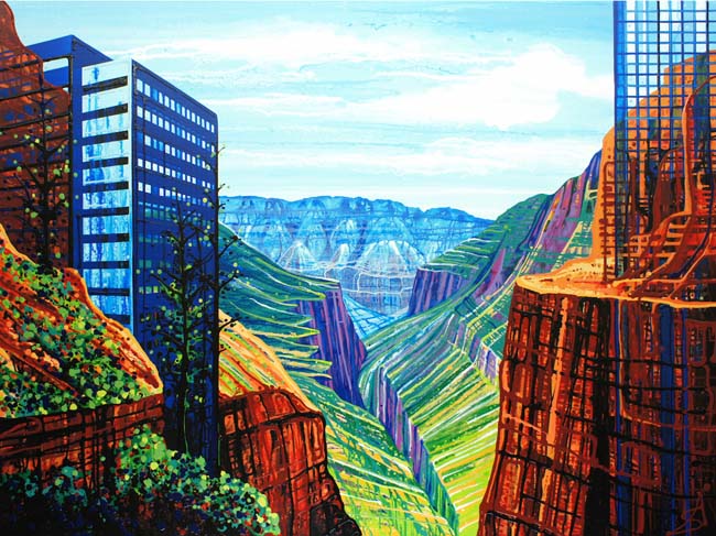 Amy Shackleton, Perched on the Rim (Arizona + Toronto) 2014, acrylic and enamel on canvas, 45″ x 60″. Image courtesy of the artist and Elaine Fleck Gallery