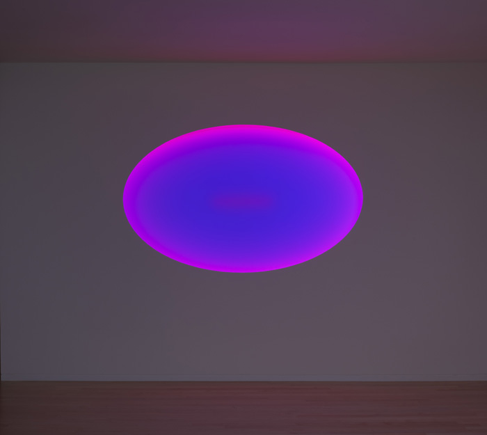 James Turrell  Cockle Creek, 2015  Elliptical wide glass. L.E.D. light, etched glass and shallow space 82 x 50 ¾ inches  © James Turrell. Courtesy Kanye Griffin Corcoran, Los Angeles. Photo credit: Robert Wedemeyer. 