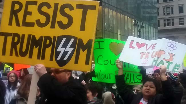 Protesters march in Manhattan during the Women’s March on January 21, 2017. (Credit: NY Arts/ J. Gora)