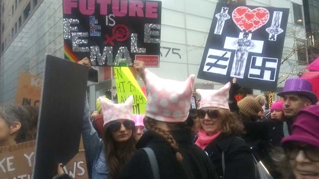 Protesters march in Manhattan during the Women’s March on January 21, 2017. NY Arts.