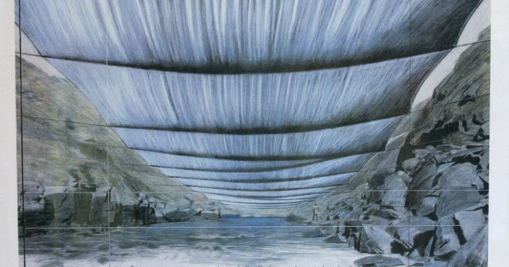 A sketch of Christo’s proposed artwork “Over the River,” depicting a view from the Arkansas River. Credit Christo Over the River, Project for the Arkansas River, Colorado