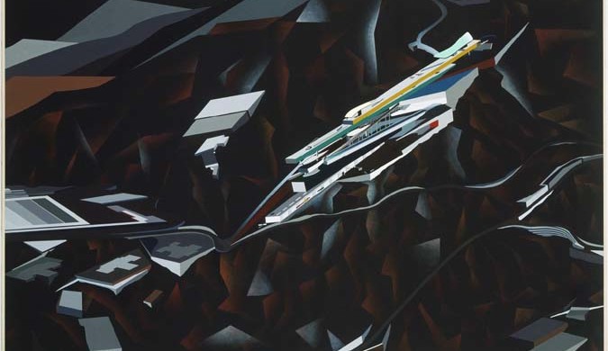 Zaha Hadid, The Peak Project, Hong Kong, China (Exterior perspective), 1991. Synthetic polymer on paper mounted on canvas, 51 x 72" (129.5 x 182.9 cm). Credit: David Rockefeller, Jr. Fund. Copyright © 2017 Zaha Hadid. MoMA Collection.