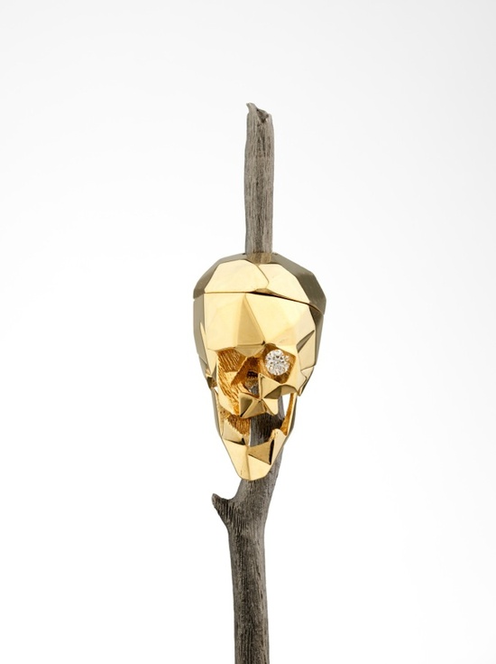 Vanitas I (detail) — Matthew Day Jackson, 2013 Ring: Yellow gold, silver, diamond Rod: wood 47 x 16.5 x 21.6 cm / 18 1/2 x 6 1/2 x 8 1/2 in Scull and ring: 3 x 3 x 4 cm / 1 x 1 1/8 x 1 5/8 in Ring only: 2.5 x 2.8 x 4 cm / 1 x 1 1/8 x 1 5/8 in Scull piece only: 1.8 x 3 x 3.5 cm / 3/4 x 1 1/8 x 1 3/8 in © Matthew Day Jackson Courtesy the artist and Hauser & Wirth Photo: Todd-White Art Photography