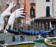 Lorenzo Quinn’s installation, Support, at the Ca’Sagredo hotel, Venice. Photograph: Zsolt Czegledi/EPA