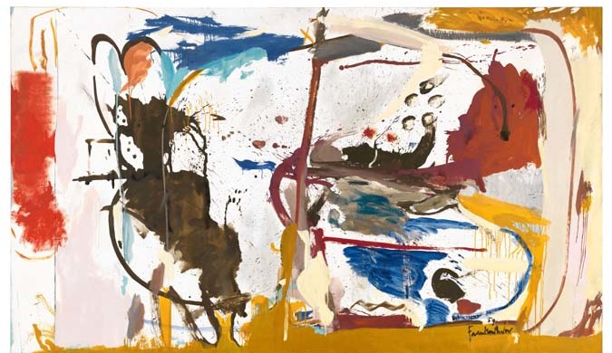 First Creatures, 1959, huile, émail, fusain, et crayon sur lin, 164,5 × 281,9 cm © 2017 Helen Frankenthaler Foundation, Inc./Artists Rights Society (ARS), New York. Photo par Rob McKeever.